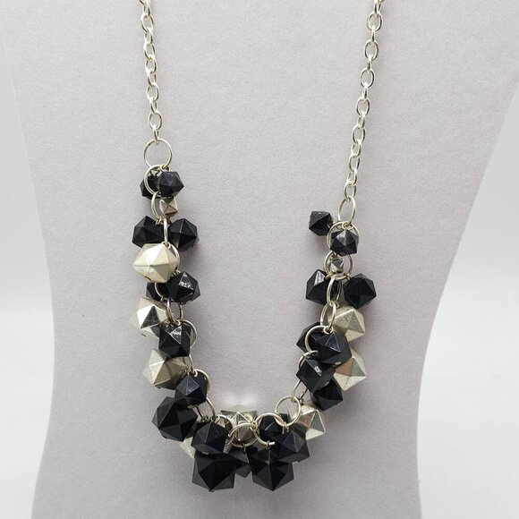 Vintage Black Silver Geometric Beaded Necklace Bracelet Set Adjustable Chain - Picture 3 of 5